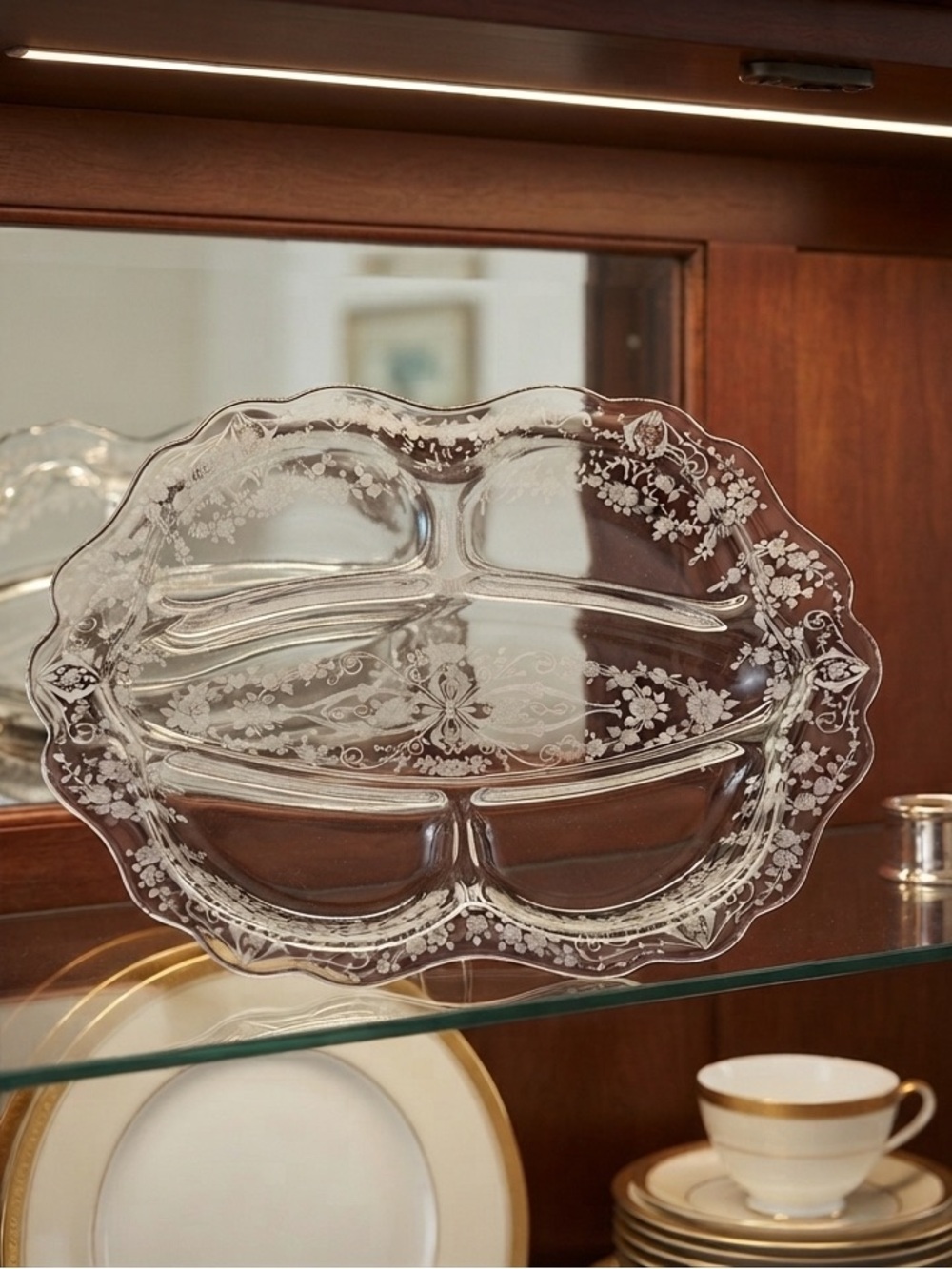 vintage Cambridge Glass "Diane" Etch five-part divided relish dish